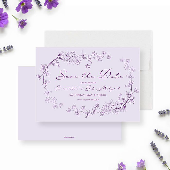 Lavender Bat Mitzvah save the date card with floral border and Star of David for Jewish celebration.-front-back