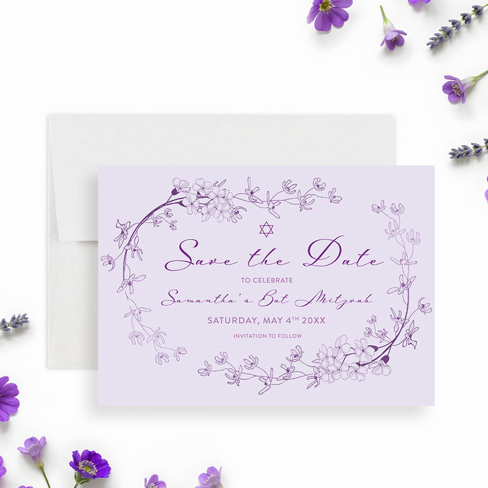 Lavender Bat Mitzvah Invitation Floral Design Star of David