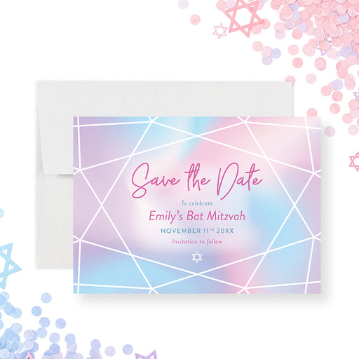Pastel save-the-date card featuring a Star of David and geometric design for a Bat Mitzvah celebration reminder.-front