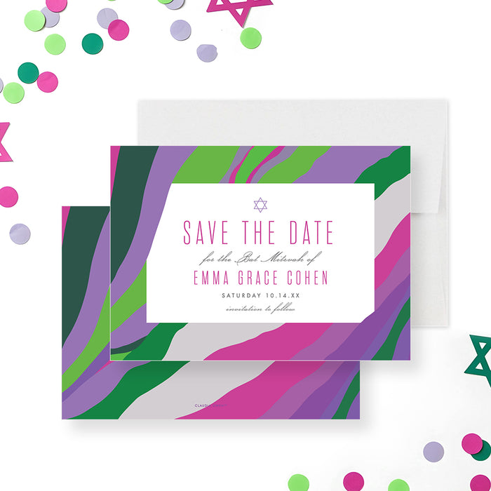 Bat mitzvah save the date card with purple watercolor design, elegant Jewish announcement with soft abstract border and modern lettering-front-back