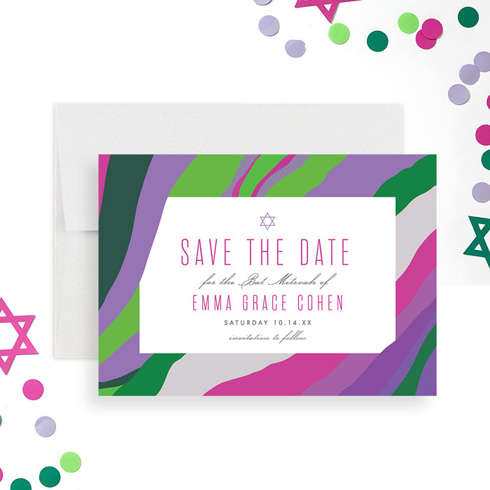 Bat mitzvah save the date card with purple watercolor design, elegant Jewish announcement with soft abstract border and modern lettering-front