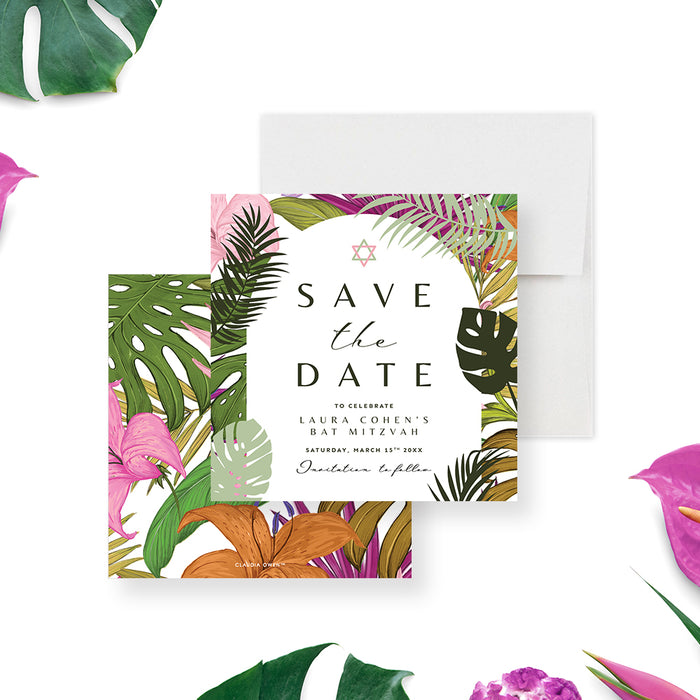 Save the date card featuring colorful tropical palm leaves, Star of David, and customizable Bat Mitzvah event details.-front-back