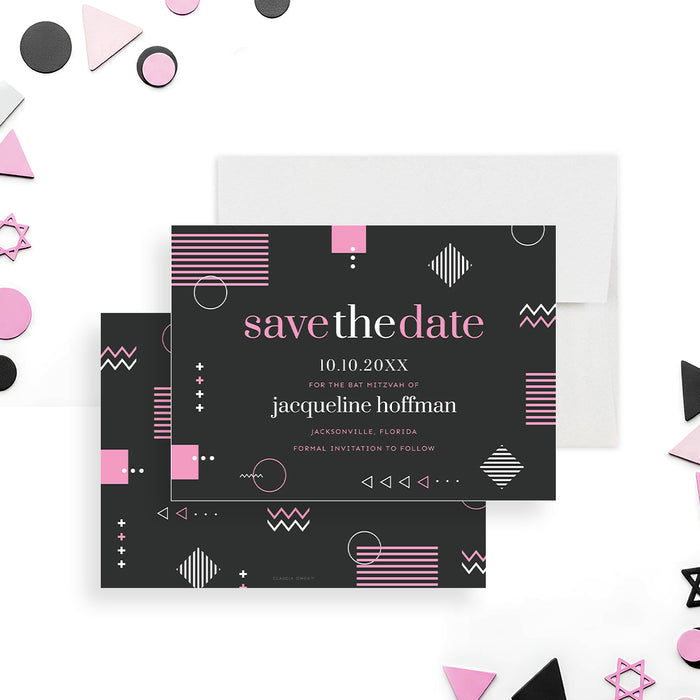 Modern Bat Mitzvah save the date card with pink and white geometric design on gray background-front-back