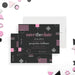 Modern Bat Mitzvah save the date card with pink and white geometric design on gray background-front-back