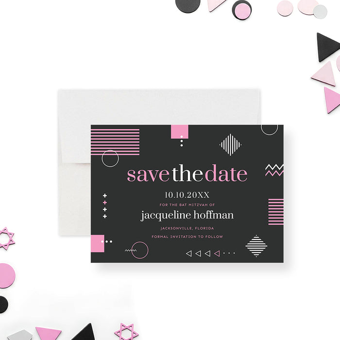 Modern Bat Mitzvah save the date card with pink and white geometric design on gray background-front