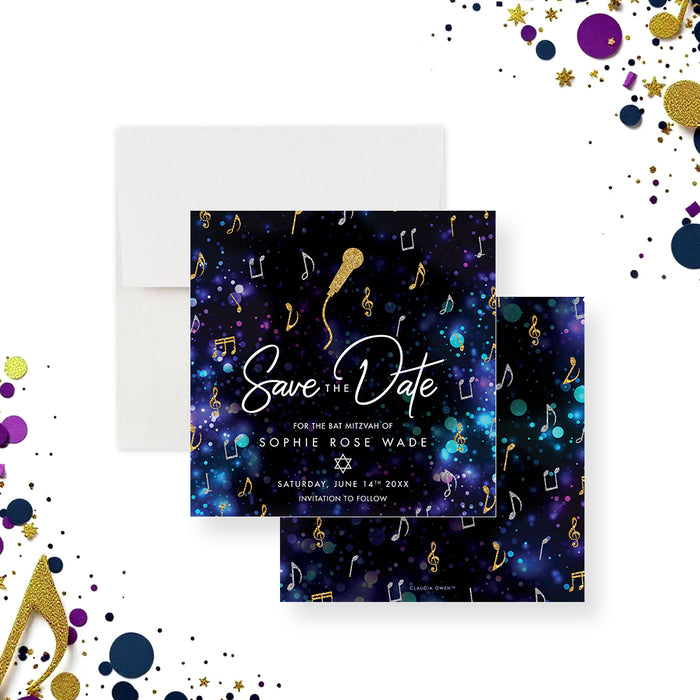 Save the date card for Bat Mitzvah featuring a microphone, musical notes, and Star of David on a purple-blue background.-front-back