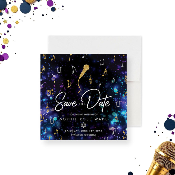Save the date card for Bat Mitzvah featuring a microphone, musical notes, and Star of David on a purple-blue background.-front