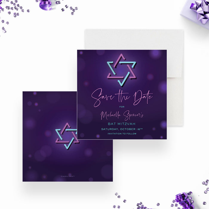 Colorful Bat Mitzvah Save the Date Card with Neon Light Star of David, Purple Save the Date for Bnai Mitzvah Celebration