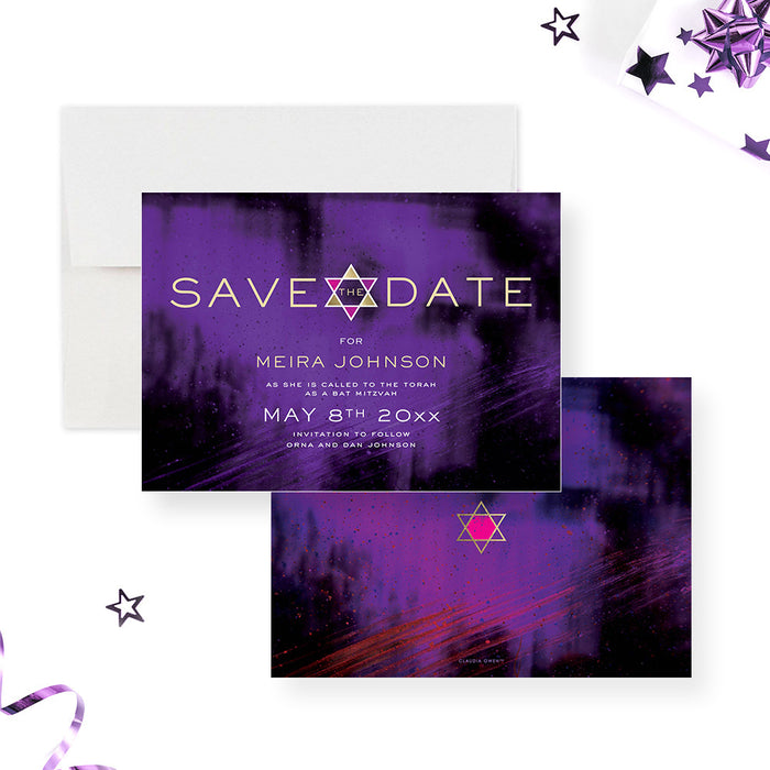 Unique Bat Mitzvah Invitation Card with Star of David, Girls Jewish Birthday Invites in Gold and Purple