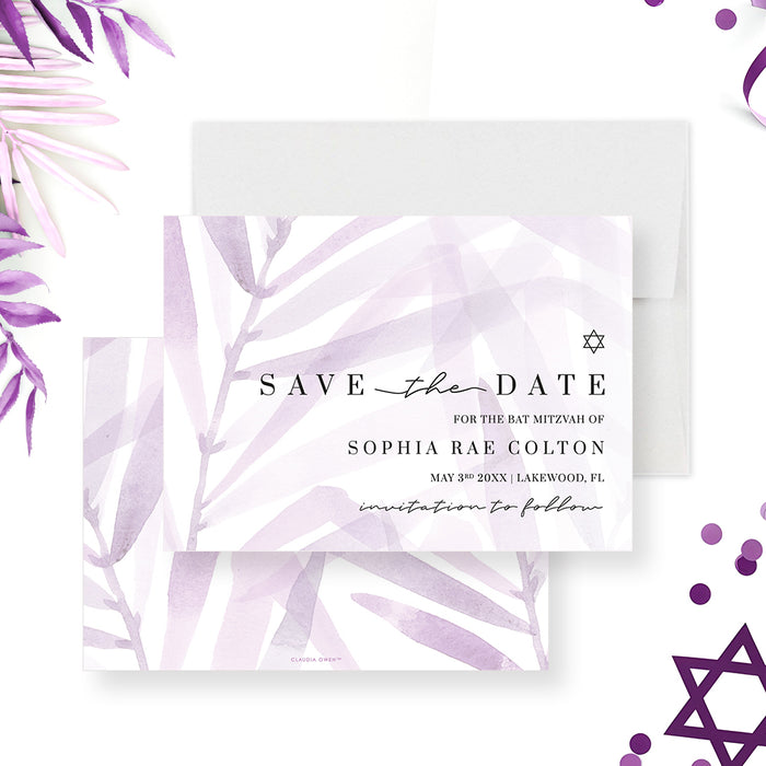 Bat Mitzvah save the date card featuring a purple watercolor foliage and Star of David design-front-back