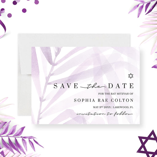 Bat Mitzvah save the date card featuring a purple watercolor foliage and Star of David design-front