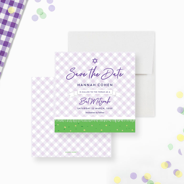 Bat mitzvah save the date card with purple picnic blanket and Star of David for a spring or garden celebration-front-back