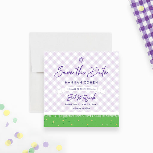 Bat mitzvah save the date card with purple picnic blanket and Star of David for a spring or garden celebration-front