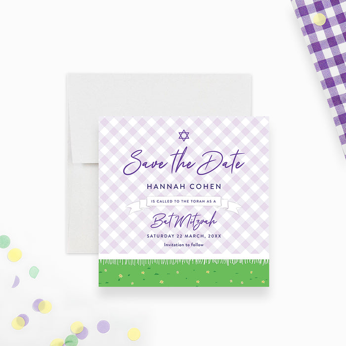 Bat mitzvah save the date card with purple picnic blanket and Star of David for a spring or garden celebration-front