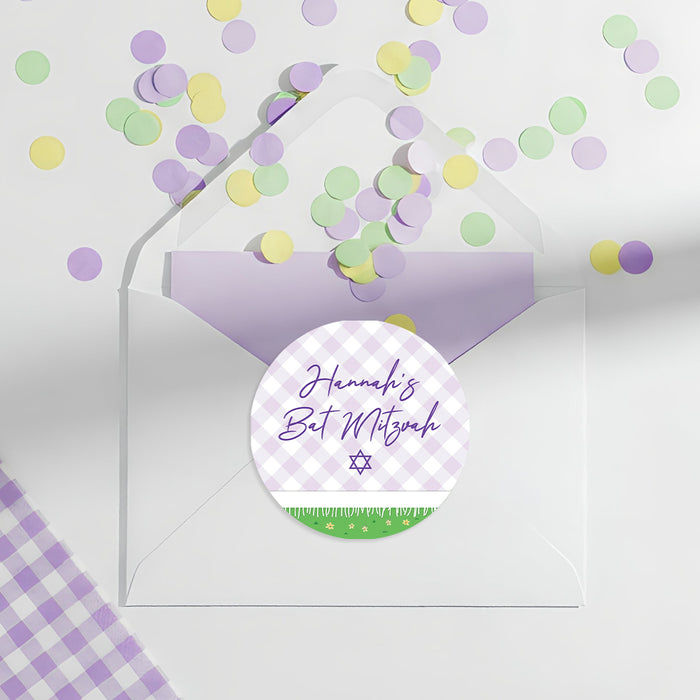 Bat Mitzvah Invitation Purple Gingham Plaid Garden Party Invite