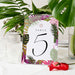 Bat Mitzvah table number card with tropical leaf design