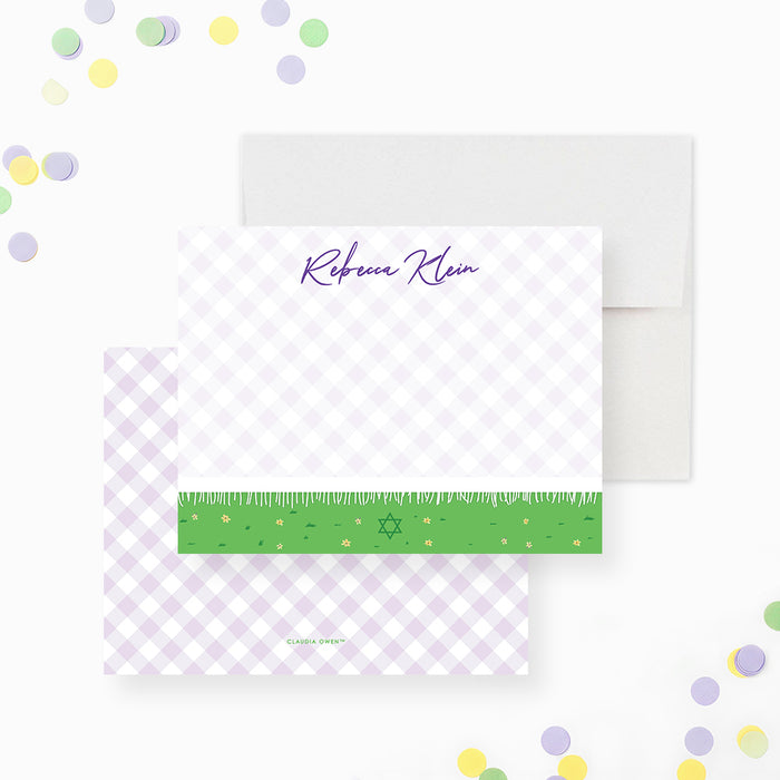 Bat mitzvah thank you card with purple picnic blanket and Star of David, personalized note card for spring garden celebration-front-back