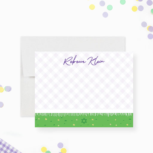 Bat mitzvah thank you card with purple picnic blanket and Star of David, personalized note card for spring garden celebration-front