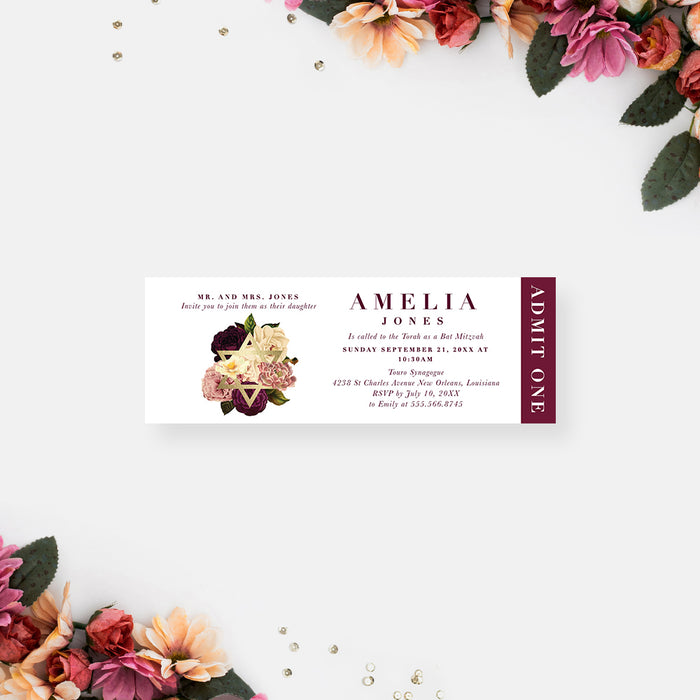 Burgundy Floral Bat Mitzvah Ticket Invitation, Elegant Ticket Invites for Girls Bat Mitzvah Celebration with Golden Star of David