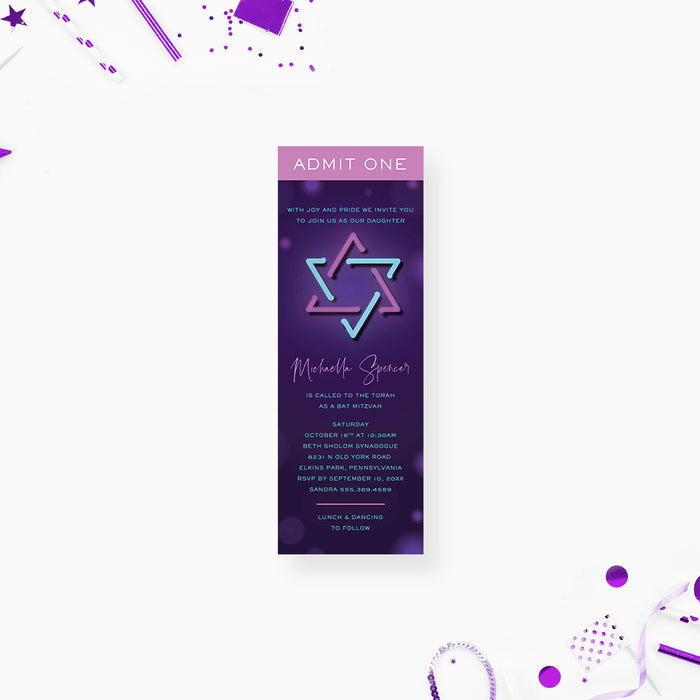Colorful Bat Mitzvah Ticket Invitation with Neon Light Star of David, Purple Ticket Invites for Jewish Birthday Celebration, Bnai Mitzvah Ticket Card