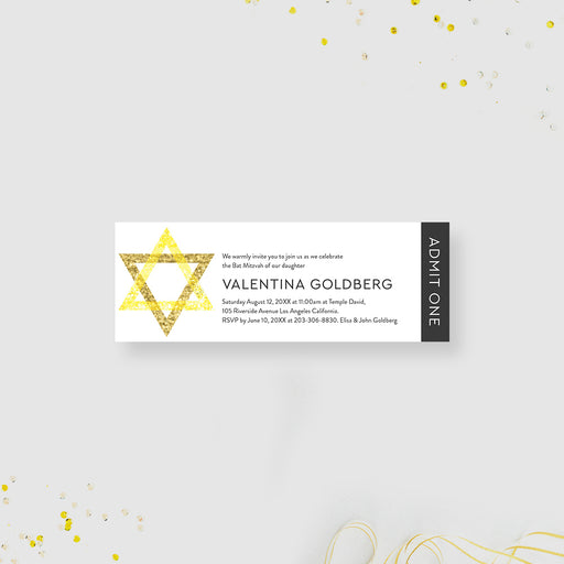 Bat Mitzvah ticket invitation featuring a gold Star of David design