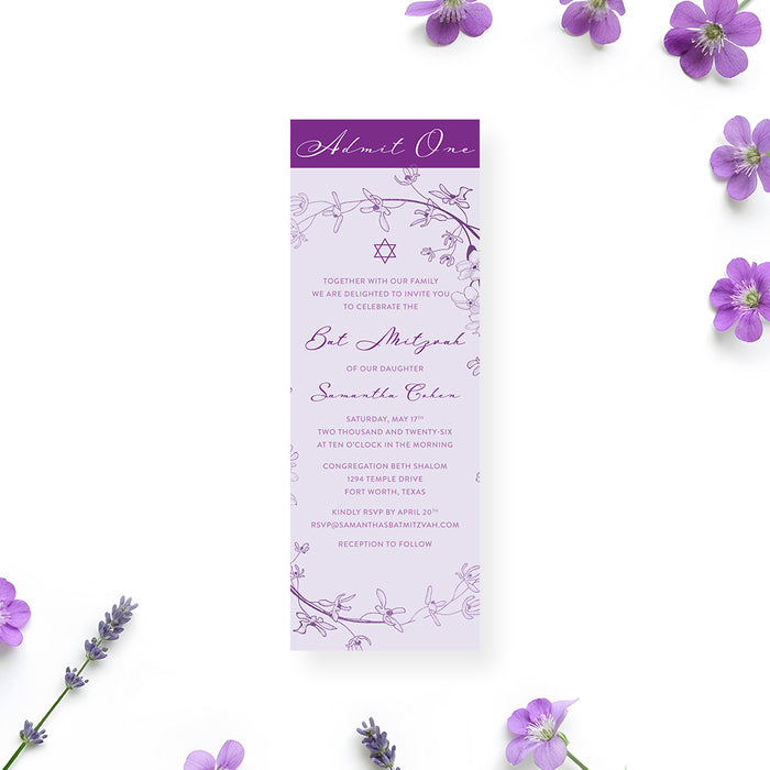 Lavender Bat Mitzvah ticket invitation with floral design personalized Jewish celebration card. 