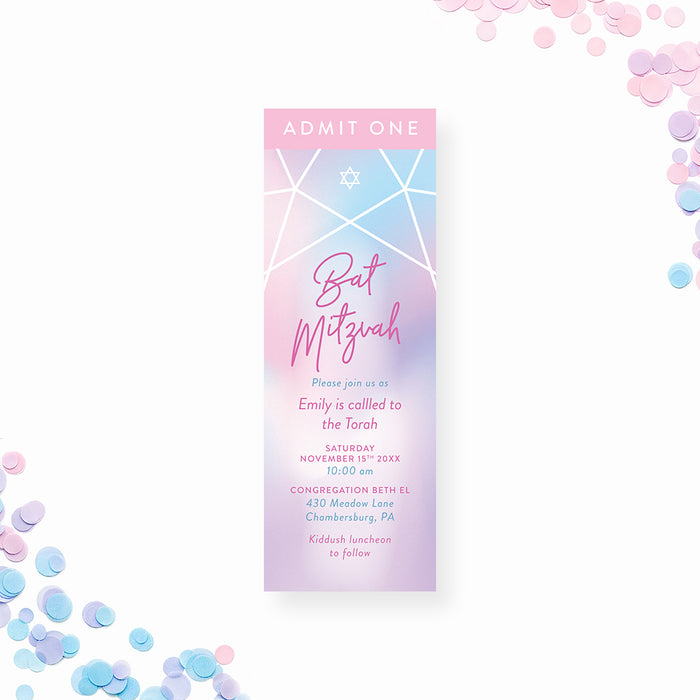 Pastel geometric Bat Mitzvah ticket invitation featuring a Star of David design, a modern Jewish event entry pass.