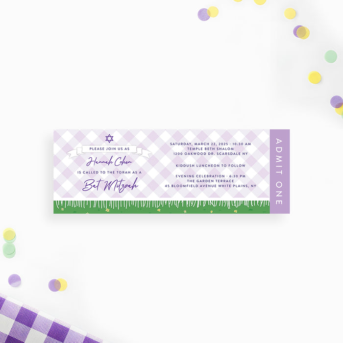 Bat mitzvah ticket invitation with purple picnic design and Star of David, personalized admit one party ticket for garden celebration