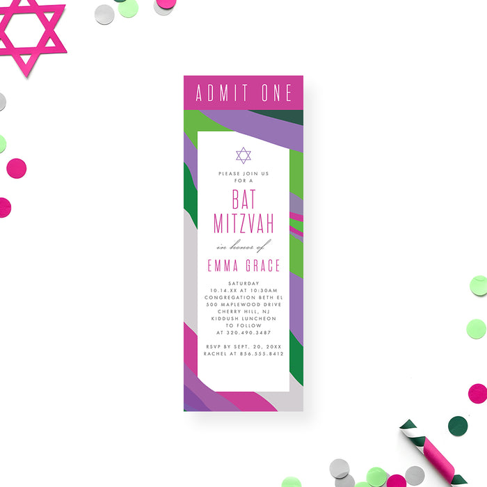 Bat mitzvah ticket invitation with purple watercolor design, elegant admit one card with Jewish star detail and modern lettering.