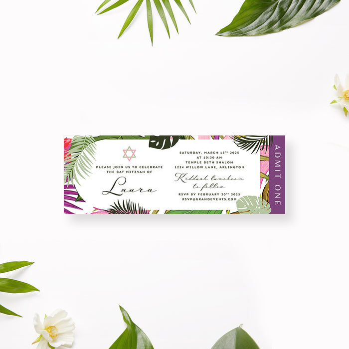 Tropical Bat Mitzvah ticket invitation featuring a palm leaf border, Star of David, and customizable event details in admit-one ticket style.