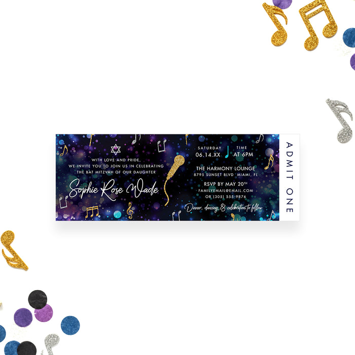 Bat Mitzvah ticket invitation featuring a microphone, musical notes, and Star of David, ideal for music lover events.