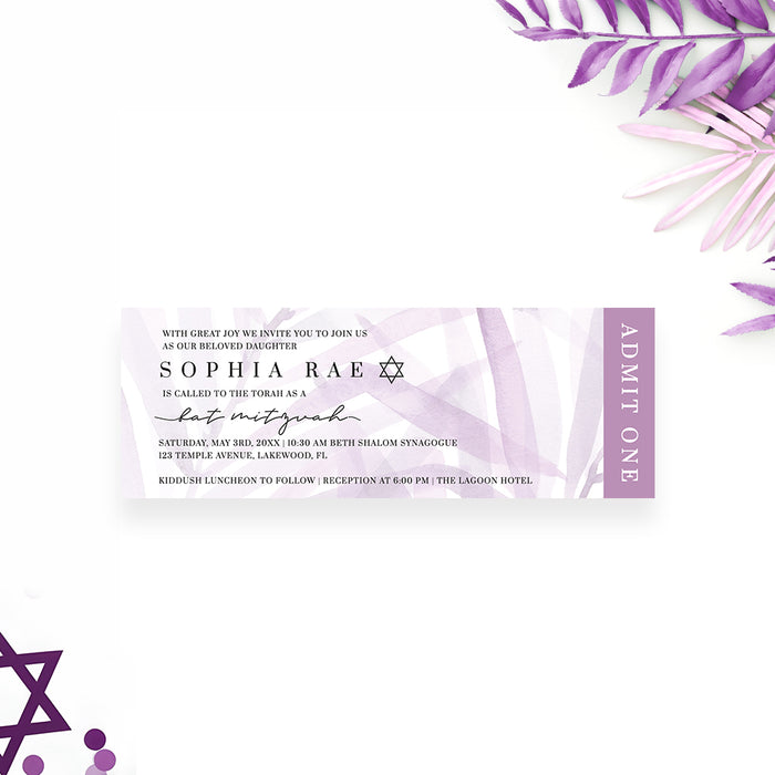 Lavender Bat Mitzvah ticket invitation featuring soft watercolor foliage and Star of David, an elegant pass for a coming-of-age celebration.