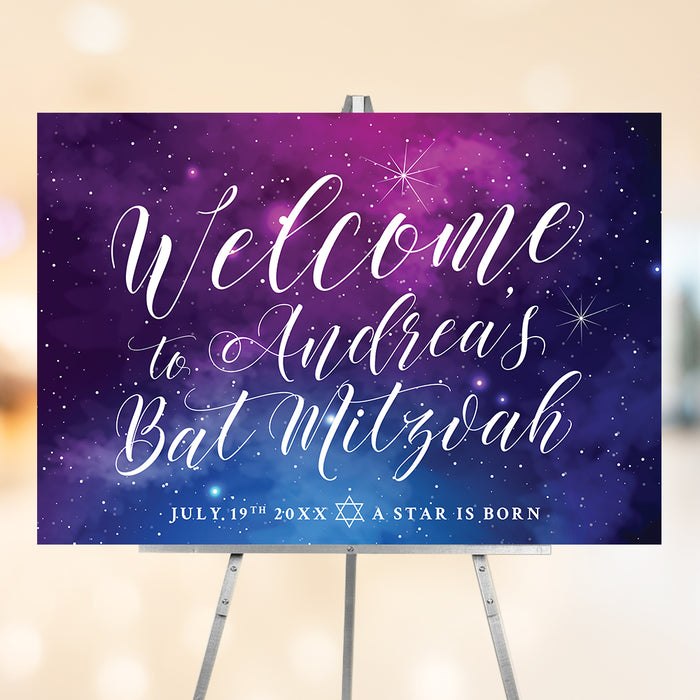 Bat Mitzvah welcome sign featuring a starry galaxy background and Star of David, elegant Jewish event entrance decor.