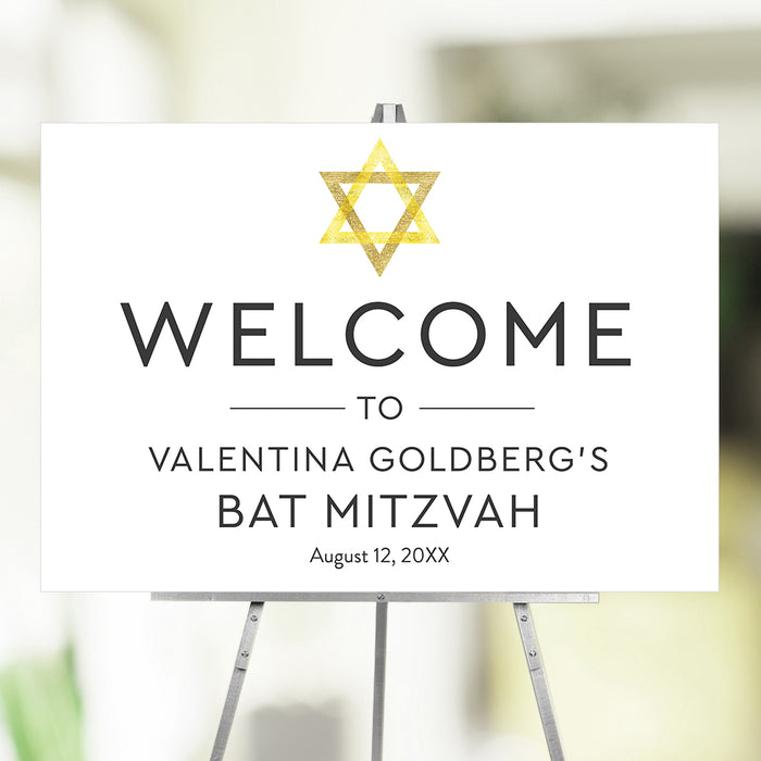 Modern Bat Mitzvah welcome sign with a gold Star of David with personalized details