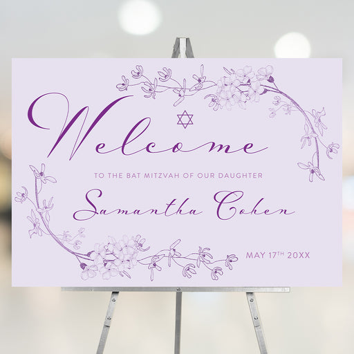 Floral Bat Mitzvah welcome sign in lavender with personalized name and elegant Star of David design