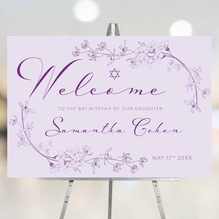 Floral Bat Mitzvah welcome sign in lavender with personalized name and elegant Star of David design