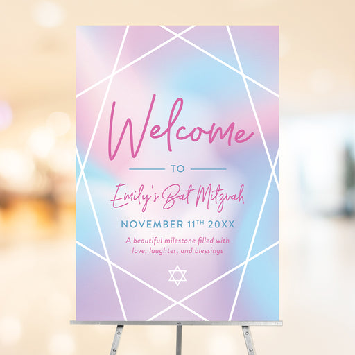 Pastel Bat Mitzvah welcome sign with geometric design and Star of David, perfect for Jewish celebration décor.