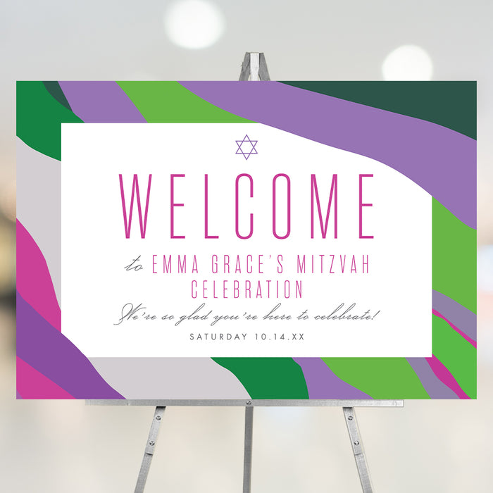 Bat mitzvah welcome sign with purple watercolor design, elegant Jewish event decor with soft abstract border and refined lettering.