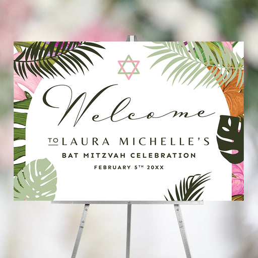 Tropical Bat Mitzvah welcome sign featuring palm leaves and Star of David, with personalized event details for Jewish milestone celebrations.