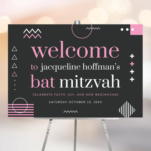 Modern bat mitzvah welcome sign with a pink, gray, and white geometric design, personalized for a Jewish coming-of-age celebration