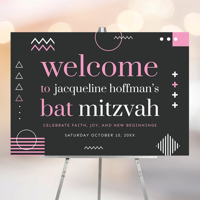 Modern bat mitzvah welcome sign with a pink, gray, and white geometric design, personalized for a Jewish coming-of-age celebration
