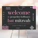 Modern bat mitzvah welcome sign with a pink, gray, and white geometric design, personalized for a Jewish coming-of-age celebration