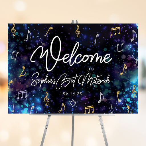 Bat Mitzvah welcome sign featuring musical notes and Star of David, personalized for Jewish music-themed celebrations.