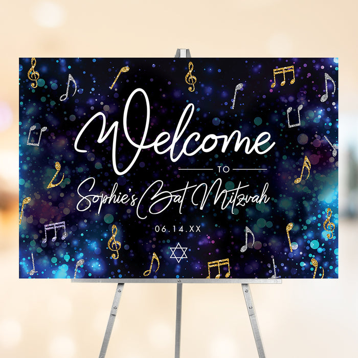Bat Mitzvah welcome sign featuring musical notes and Star of David, personalized for Jewish music-themed celebrations.