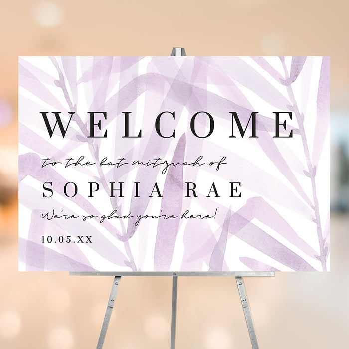 Bat Mitzvah welcome sign with soft purple watercolor leaves and Star of David, perfect for Jewish event decorations and photo backdrops.