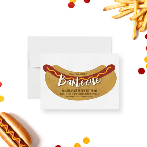 Personalized barbecue birthday party invitation with a large hot dog illustration, mustard detail, custom name, date, location and RSVP information-front