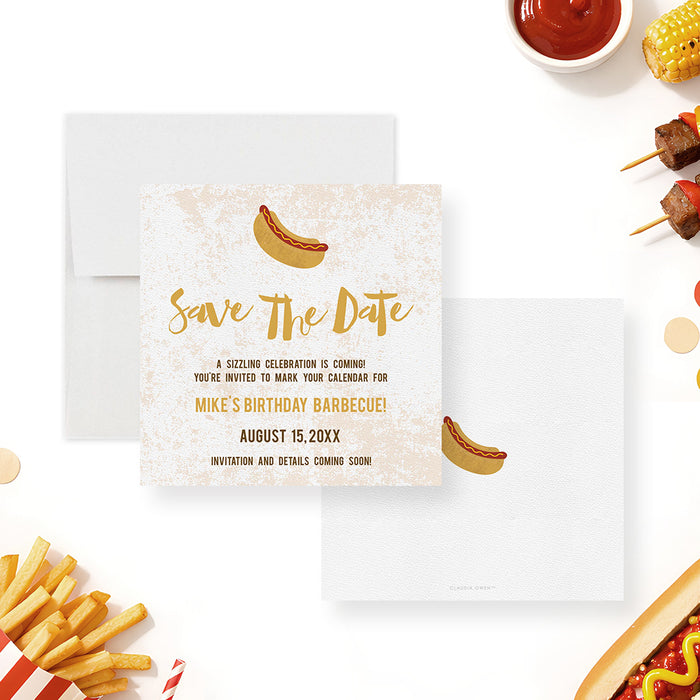 Personalized barbecue birthday save the date card with hot dog illustration, Sizzling Celebration wording, honoree’s name and event date-front-back