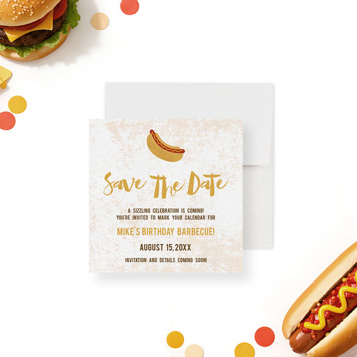 Personalized barbecue birthday save the date card with hot dog illustration, Sizzling Celebration wording, honoree’s name and event date-front