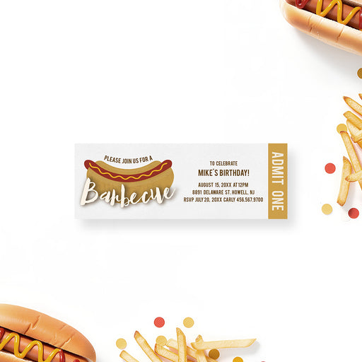 Personalized hot dog birthday party ticket invitation with illustrated hot dog, mustard detail, Barbecue lettering, Admit One stub and custom event details