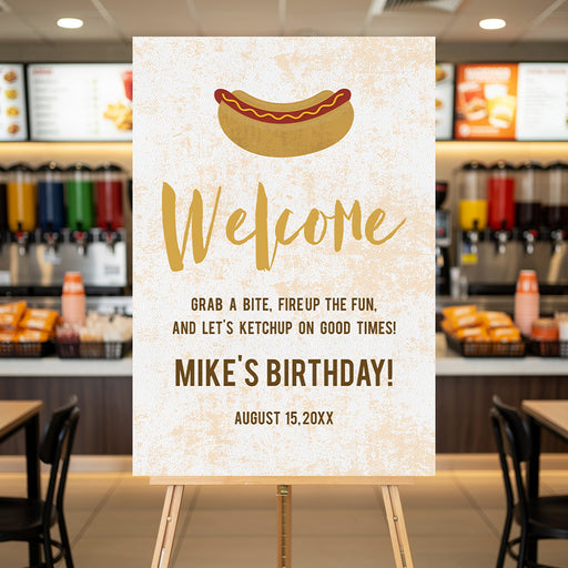 Personalized hot dog birthday party welcome sign with illustrated hot dog, custom name, celebration date and playful BBQ wording